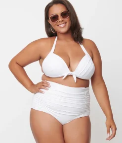 Unique Vintage Plus Size Solid White Monroe Halter Swim Top