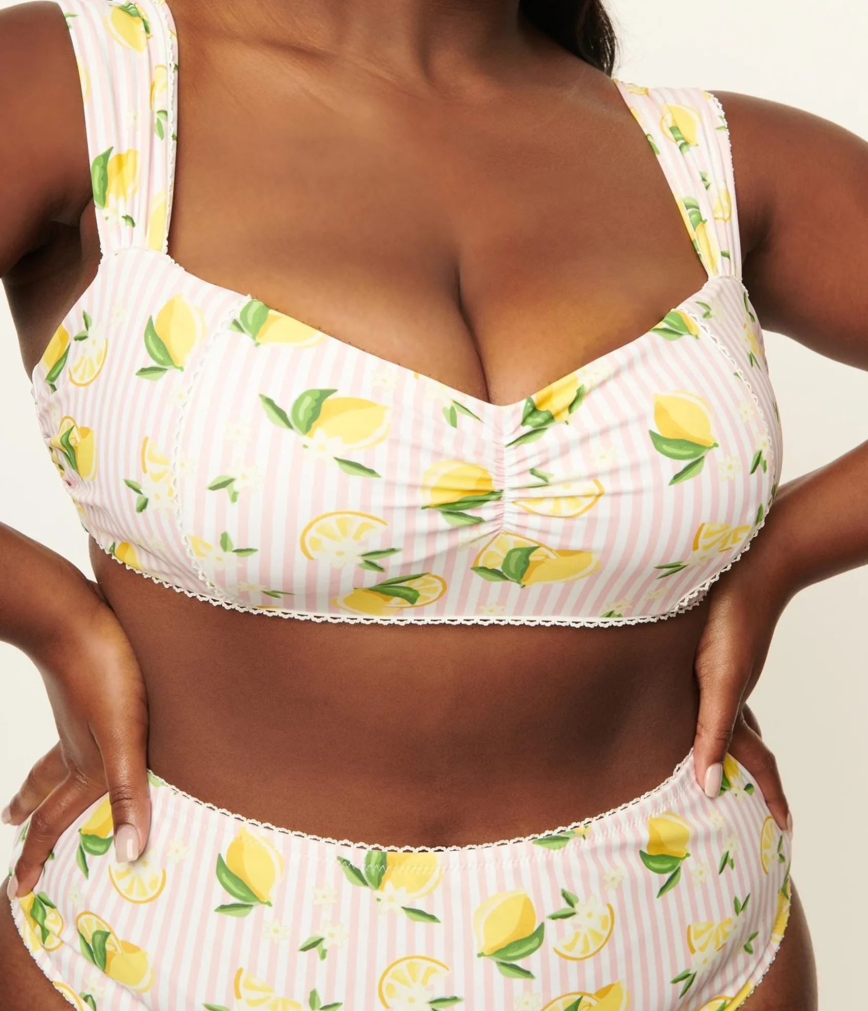 Unique Vintage Plus Size Light Pink Stripes & Lemons Ruched & Ready Swim Top