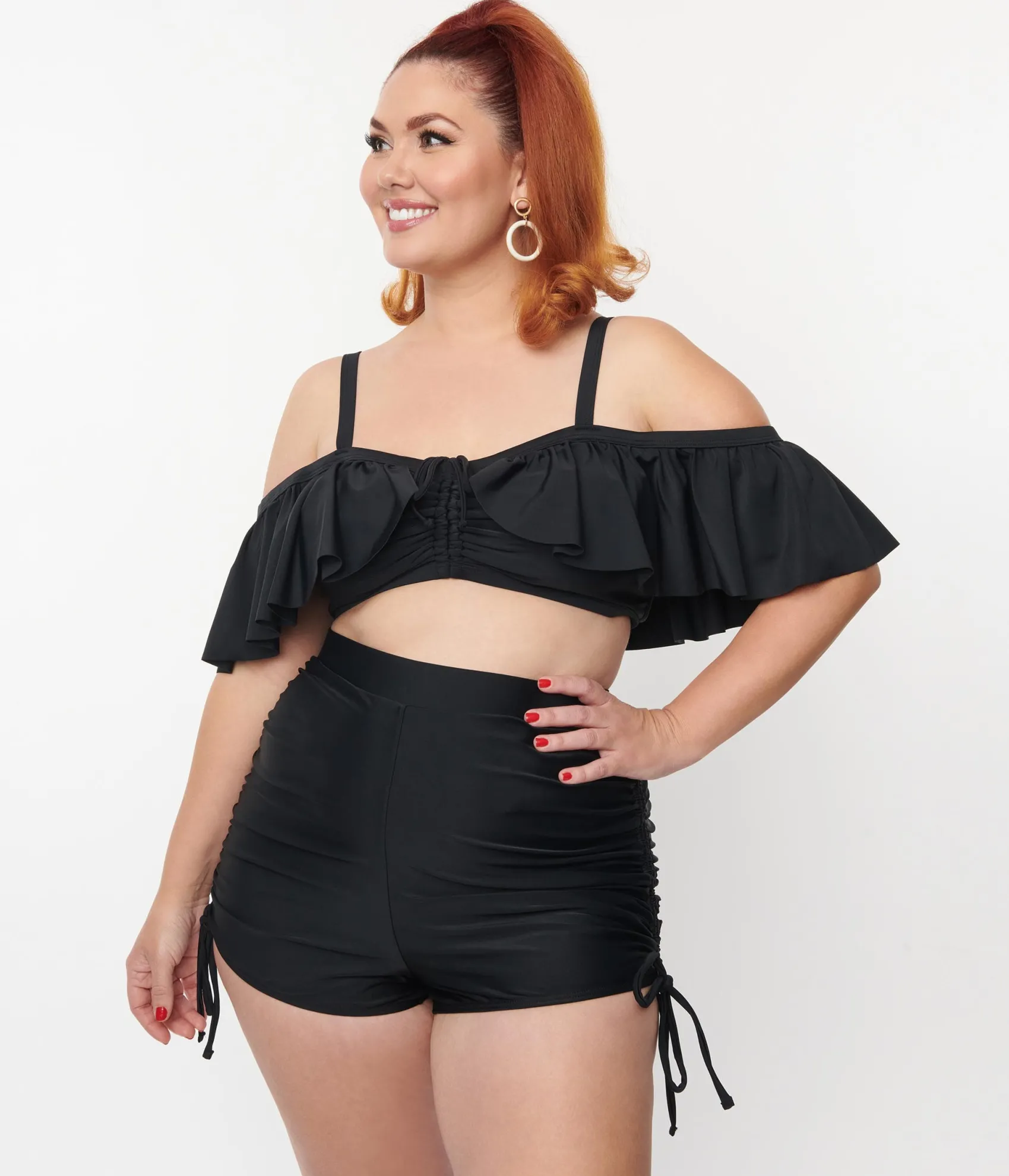 Unique Vintage Plus Size Black Ruffled Swim Top