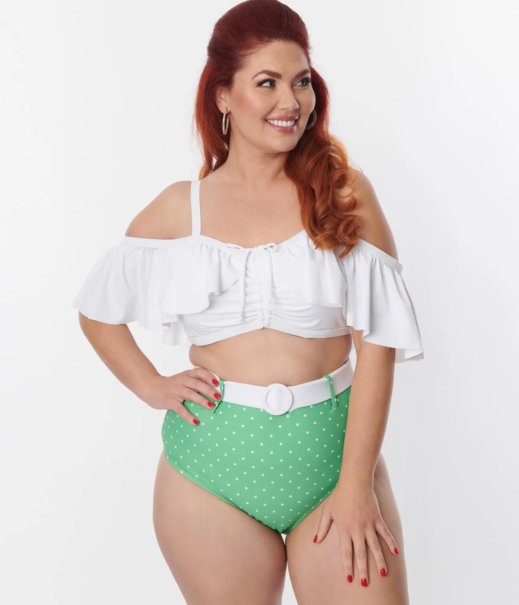 Unique Vintage Plus Size White Ruffle Swim Top