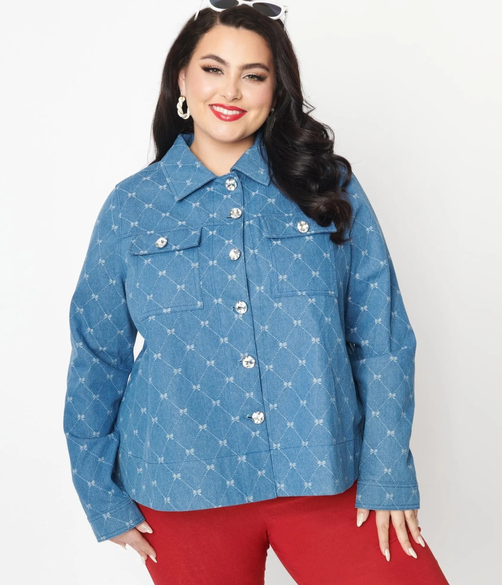 Unique Vintage Plus Size Blue Bow Denim Jacket