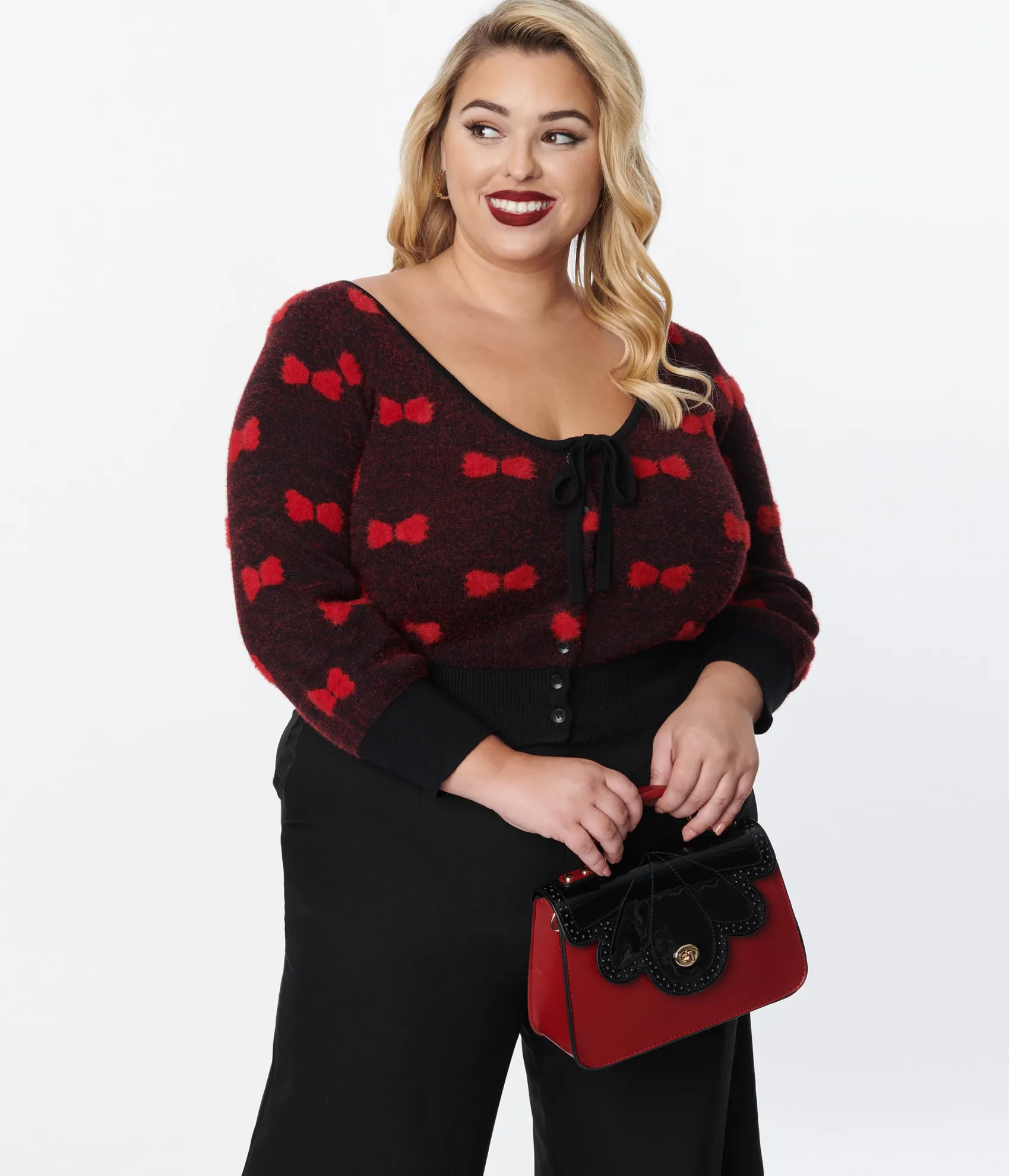 Unique Vintage Plus Size Black & Red Bows Dandy Cardigan