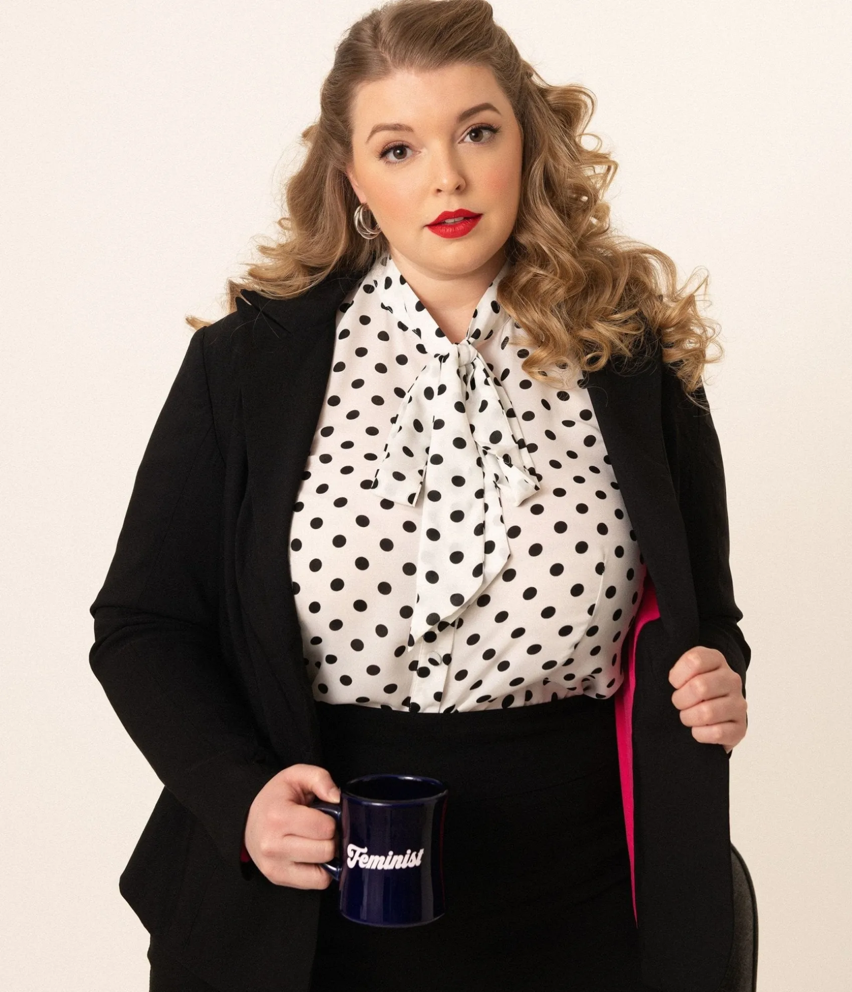 Unique Vintage Plus Size White & Black Polka Dot Neck Tie Gwen Blouse