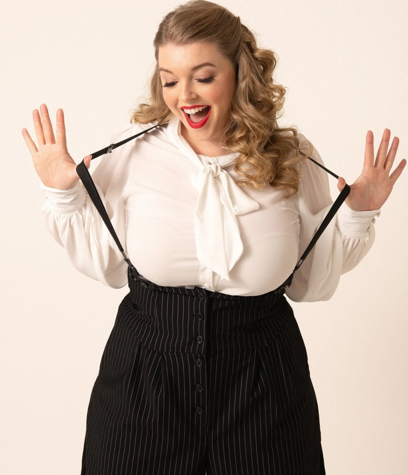 Unique Vintage Plus Size 1940s White Neck Tie Gwen Blouse