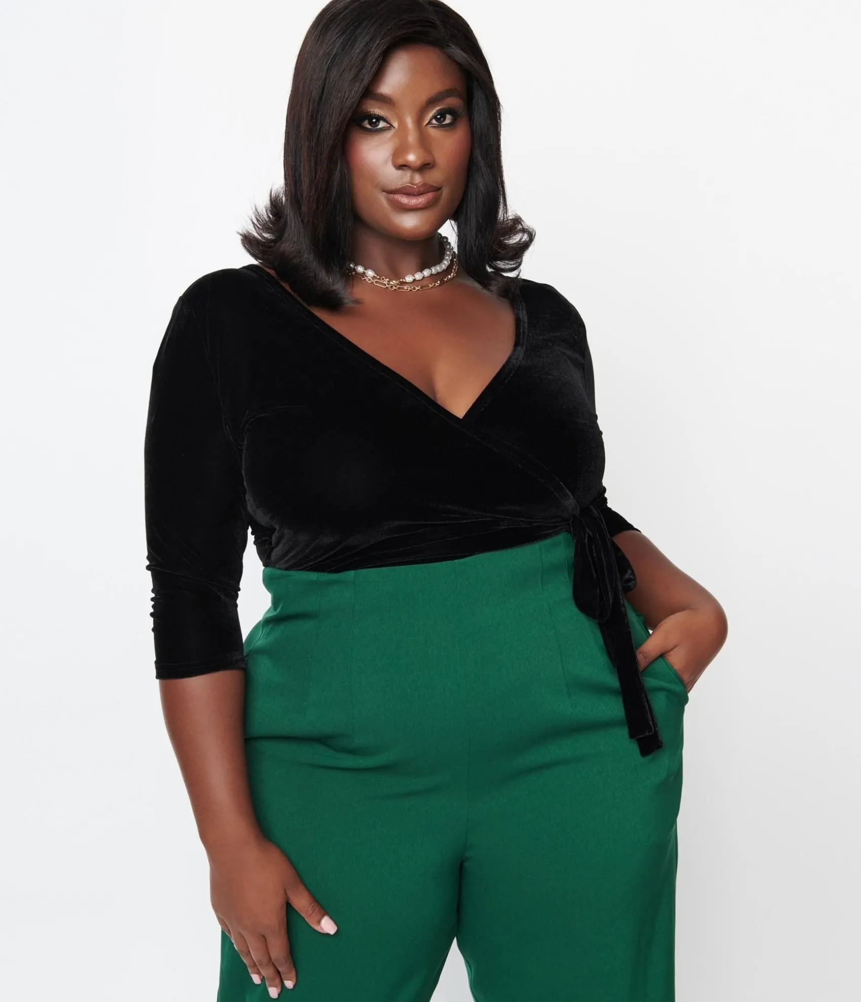 Unique Vintage Plus Size 1970s Black Velvet Surplice Bodysuit