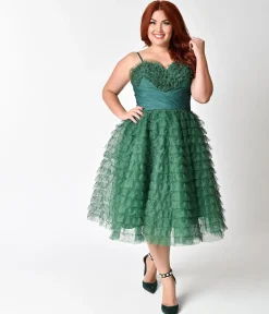 Unique Vintage Plus Size 1950s Emerald Green Ruffled Tulle Sweetheart Cupcake Swing Dress