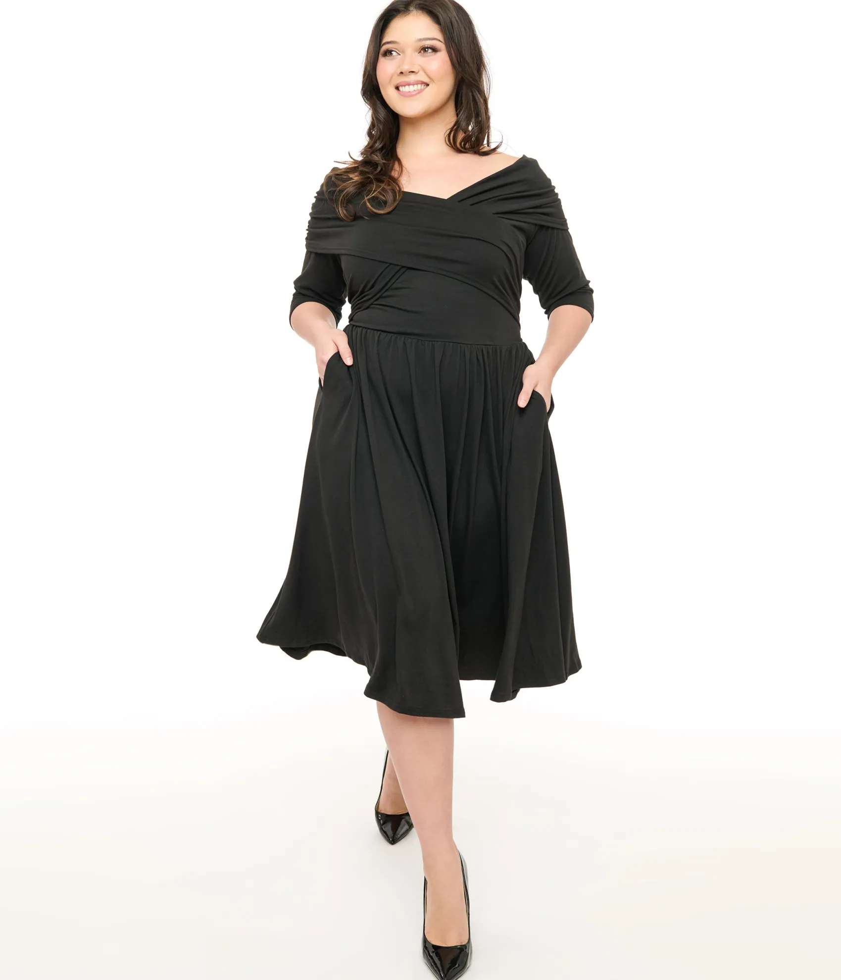 Unique Vintage Plus Size Black Shirred Off Shoulder Swing Dress