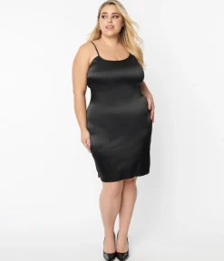 Unique Vintage Plus Size Black Satin Long Slip