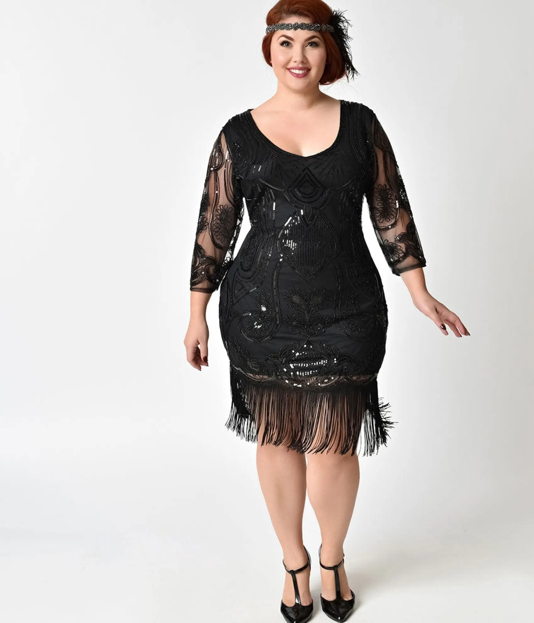 Unique Vintage Plus Size 1920s Black Beaded & Sequin Margaux Sleeved Fringe Flapper Dress
