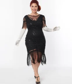 Unique Vintage Plus Size 1920s Black Beaded Fringe Sleeve Nadine Flapper Dress