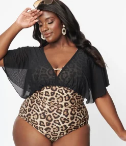 Unique Vintage Plus Size Leopard & Black Mesh Sleeved Torrey Swimsuit