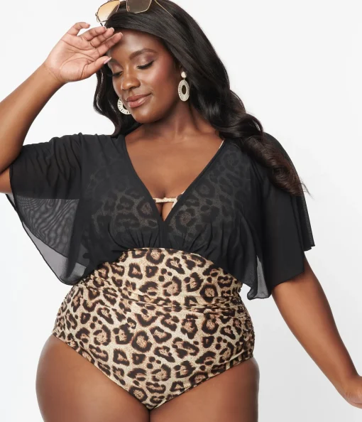 Unique Vintage Plus Size Leopard & Black Mesh Sleeved Torrey Swimsuit