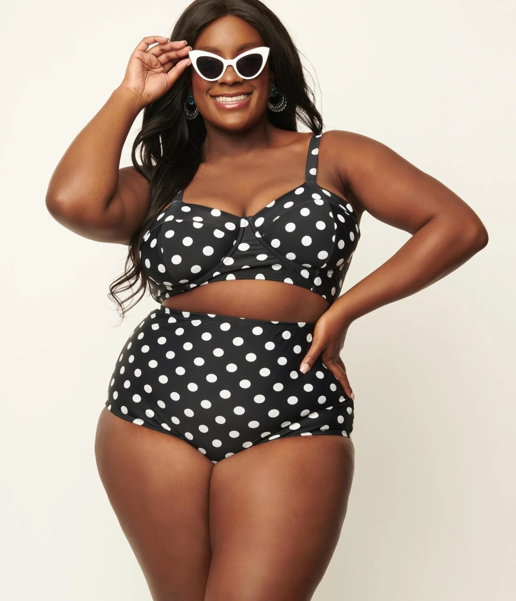 Unique Vintage Plus Size Black & White Polka Dot High Waist Louise Swim Bottoms