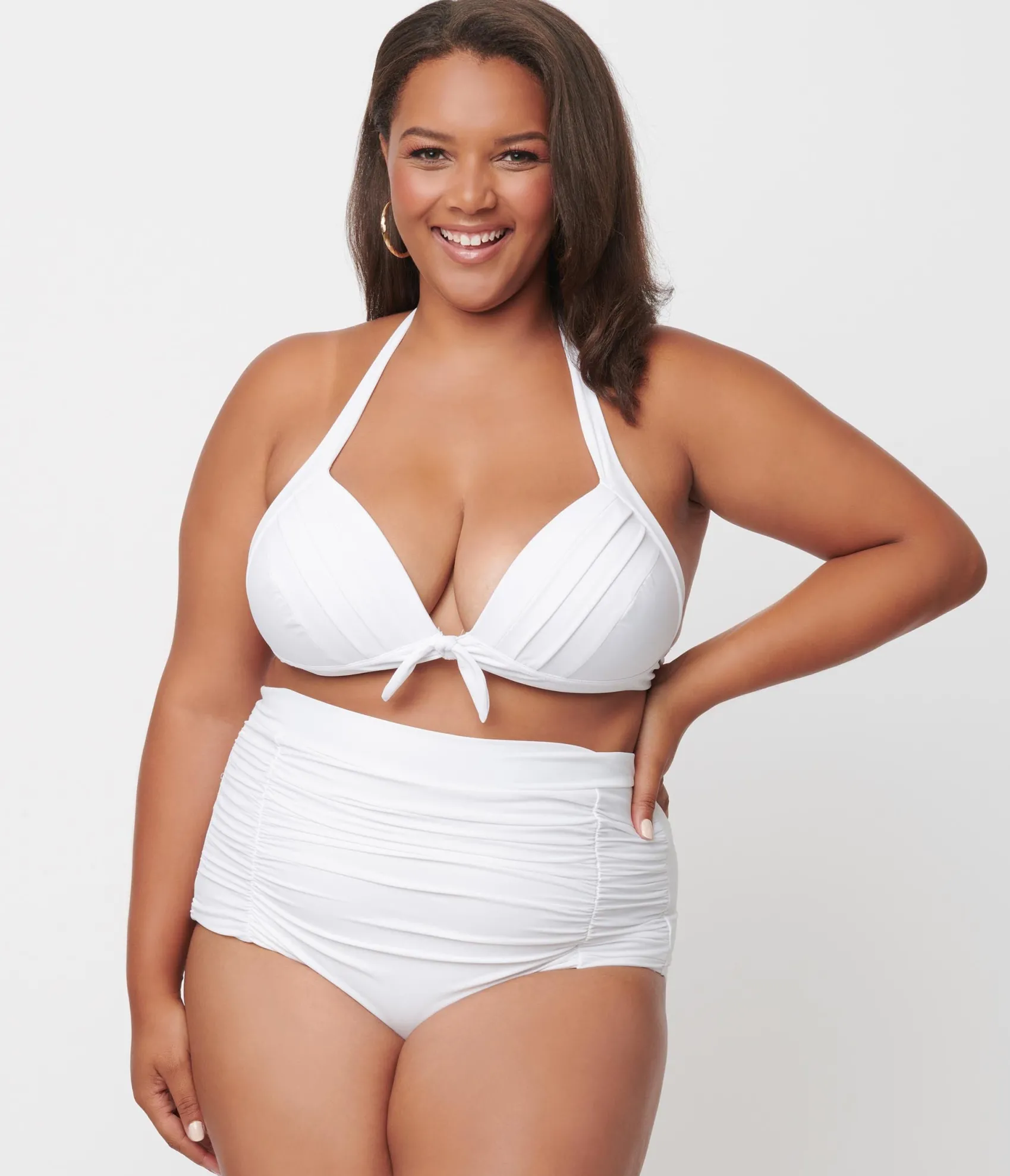 Unique Vintage Plus Size Solid White Monroe Halter Swim Top