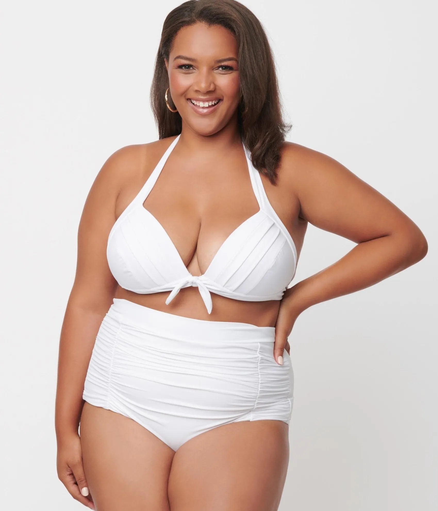 Unique Vintage Plus Size Solid White Monroe High Waist Swim Bottom