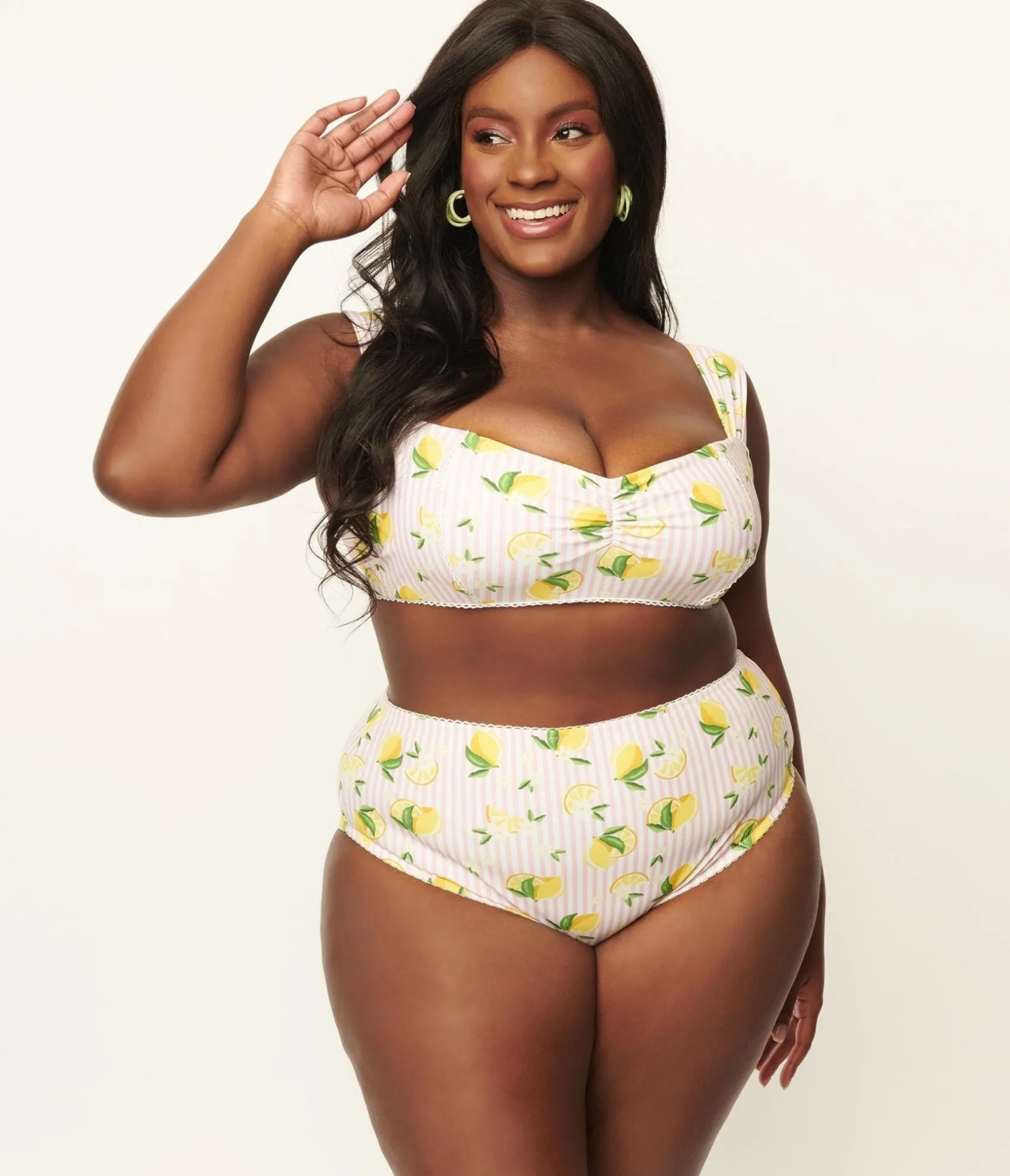 Unique Vintage Plus Size Light Pink Stripes & Lemons Ruched & Ready Swim Top
