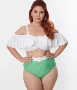 Unique Vintage Plus Size White Ruffle Swim Top