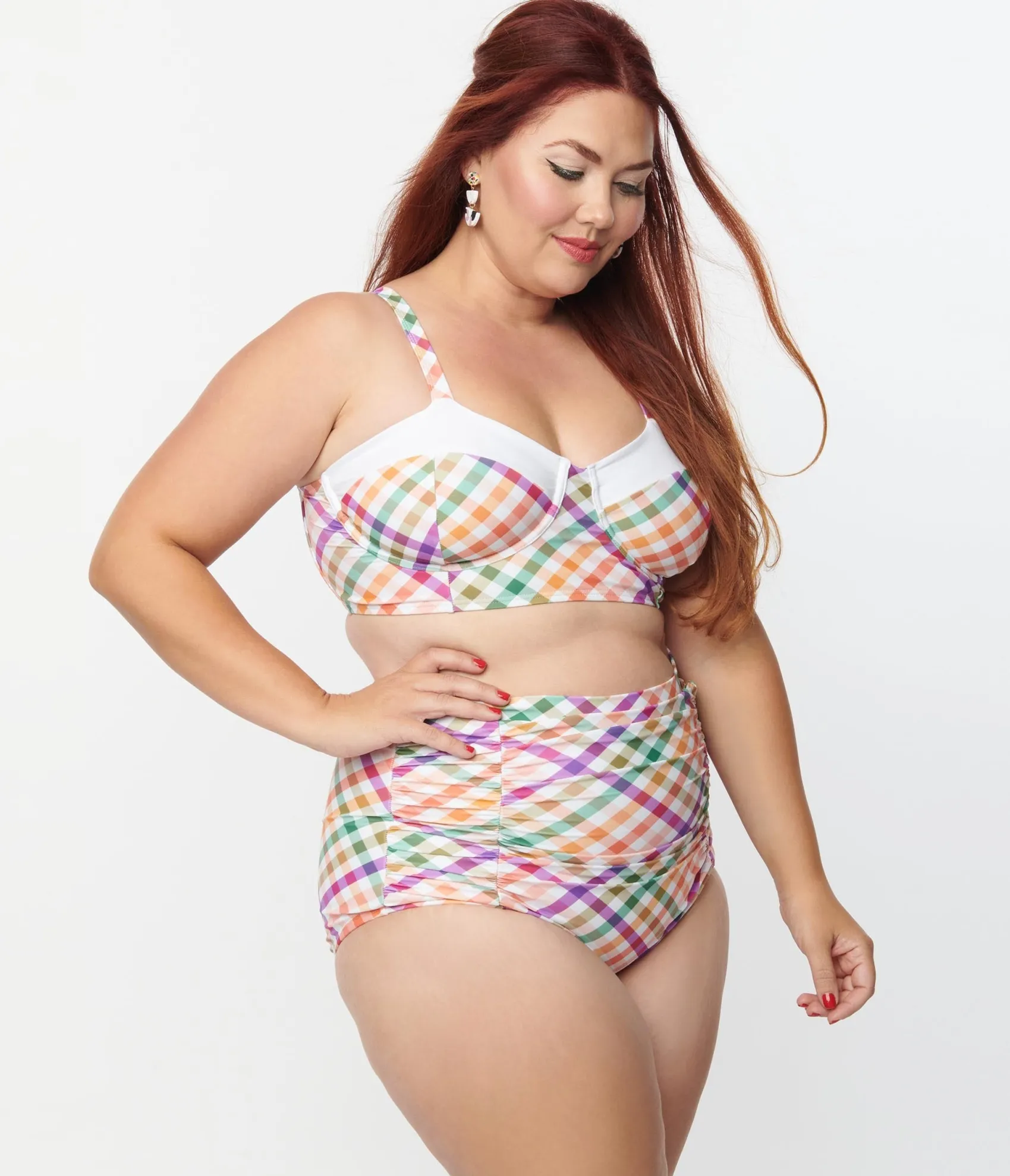 Unique Vintage Plus Size Pastel Madras Gingham Marlene Crop Swim Top