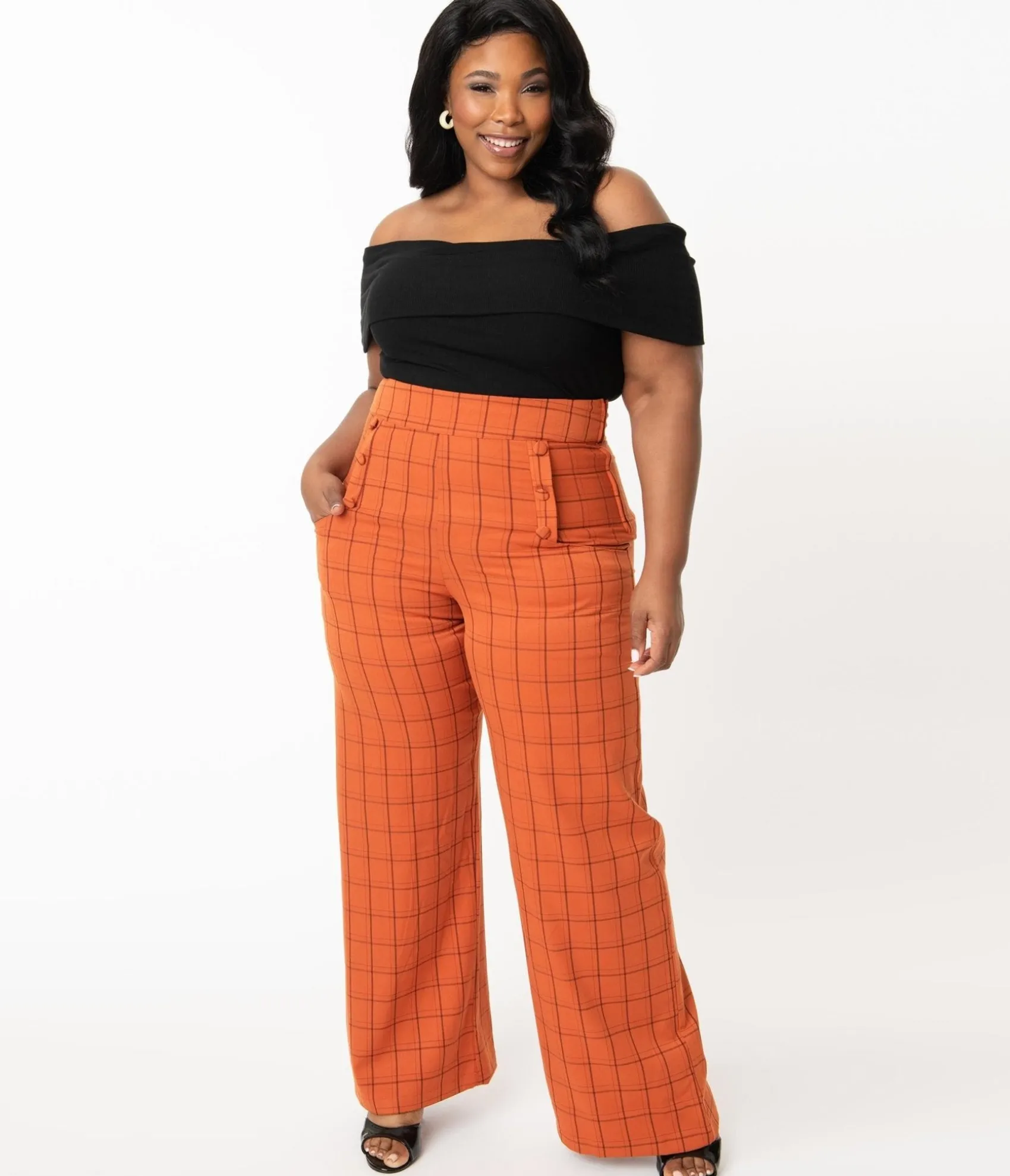 Unique Vintage Plus Size 1940s Orange Windowpane High Waist Ginger Pants