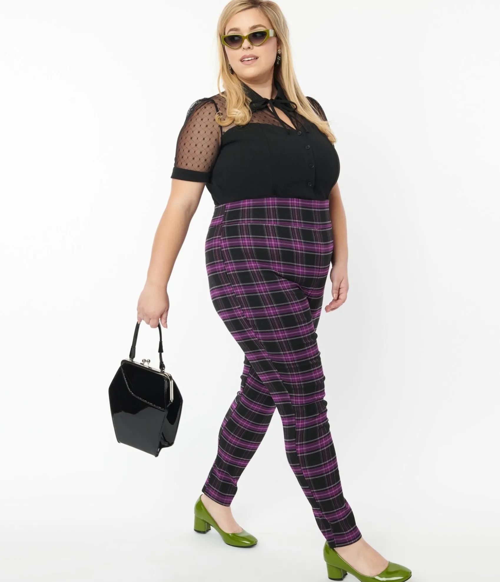 Unique Vintage Plus Size 1970s Purple & Black Plaid Rizzo Cigarette Pants