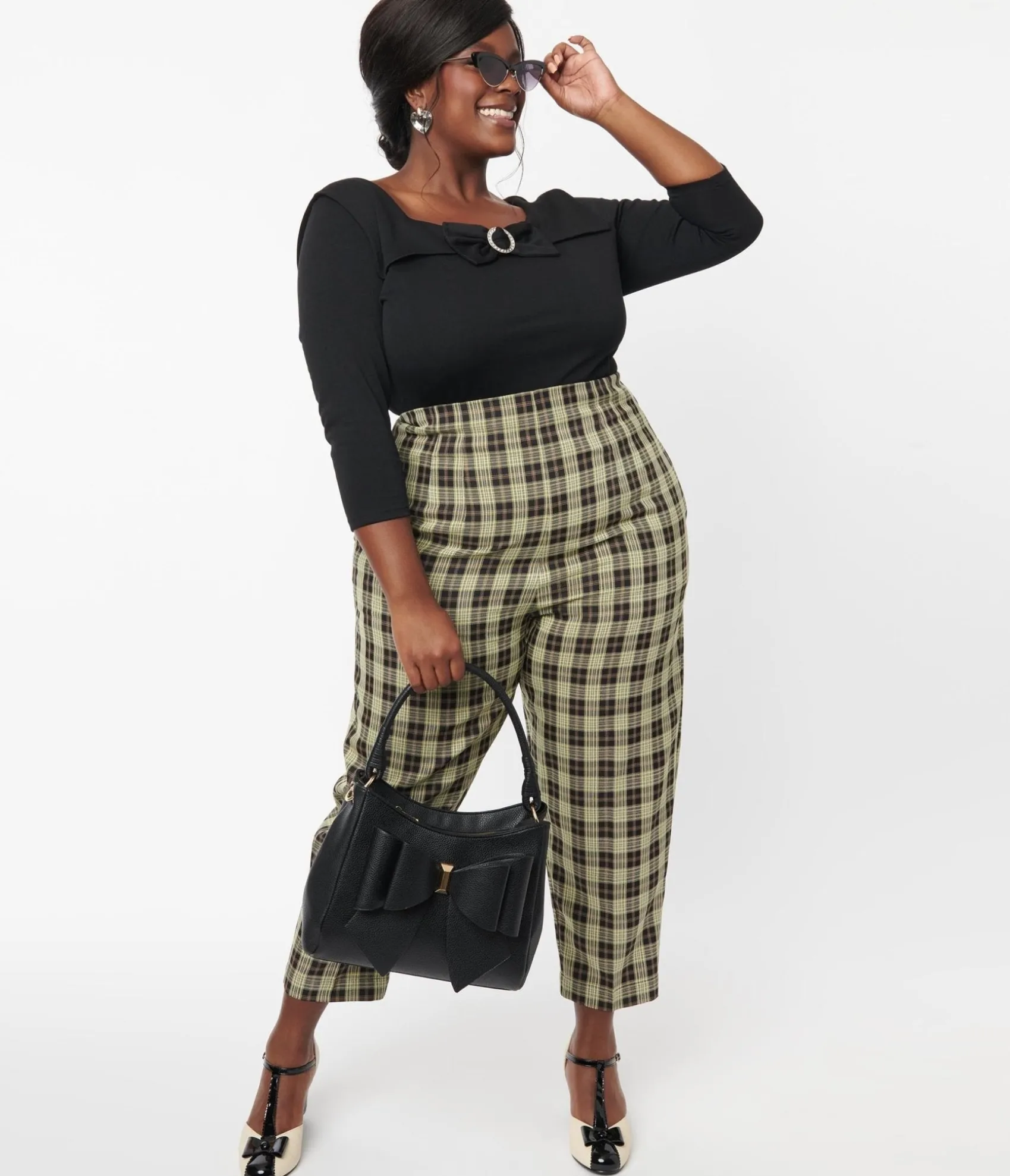 Unique Vintage Plus Size 1930s Cream & Black Plaid Front Pleat Pants