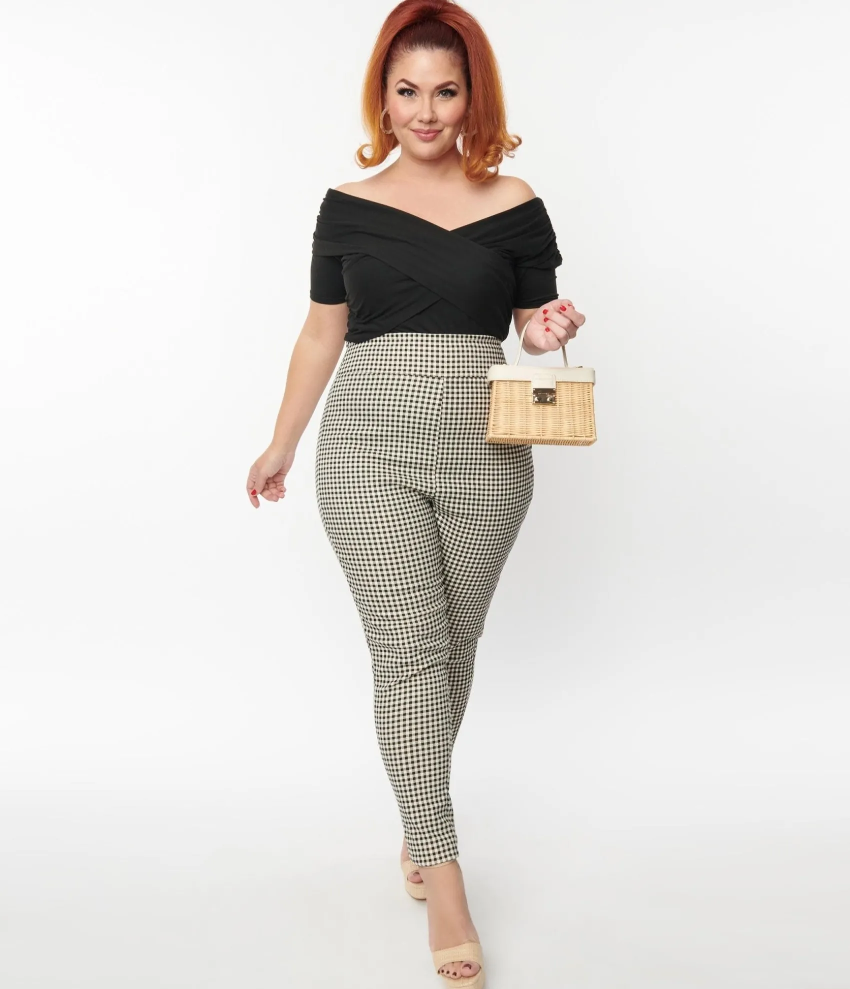 Unique Vintage Plus Size Ivory & Black Gingham Rizzo Cigarette Pants