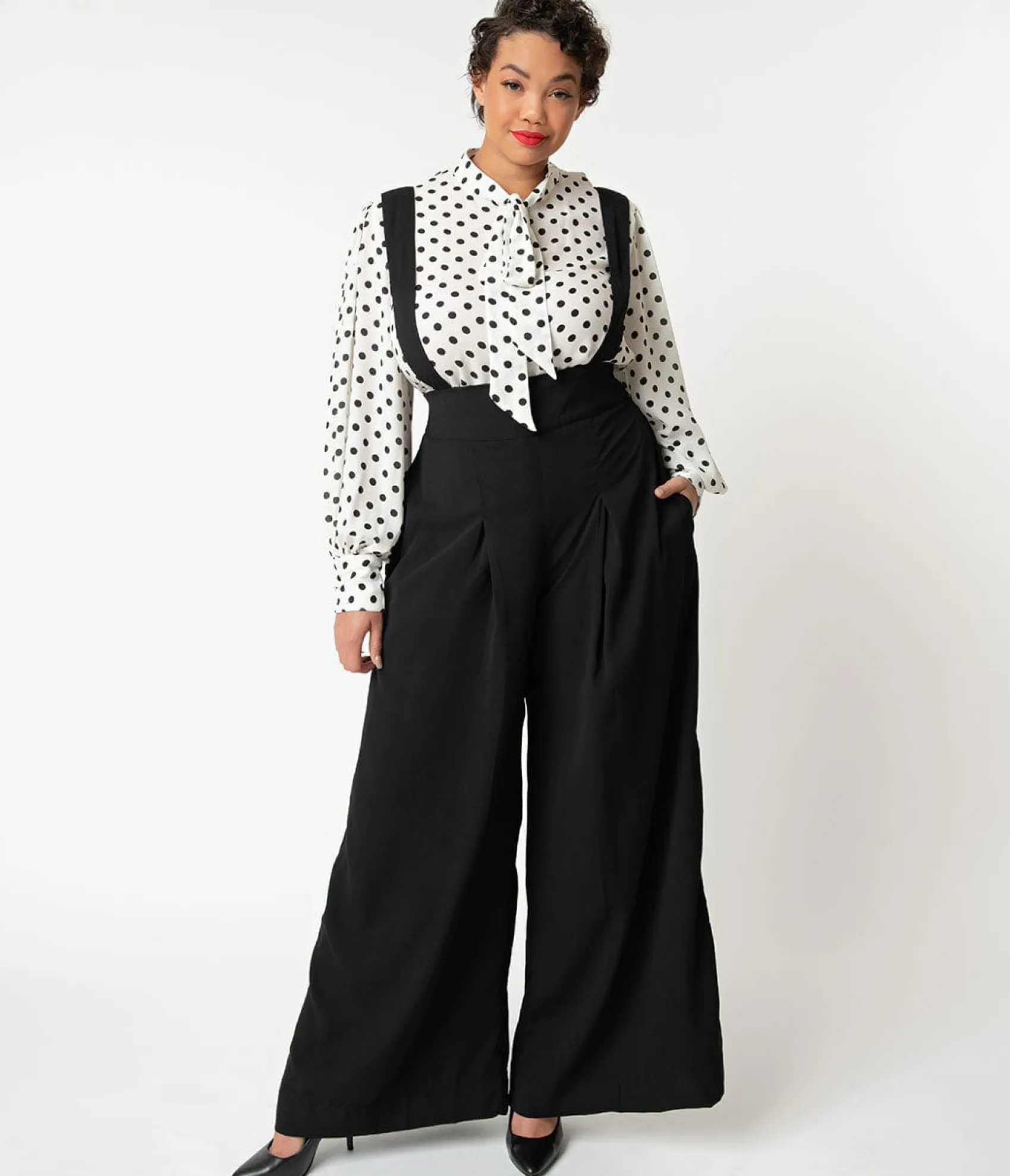 Unique Vintage Plus Size Black Wide Leg Rochelle Suspender Pants