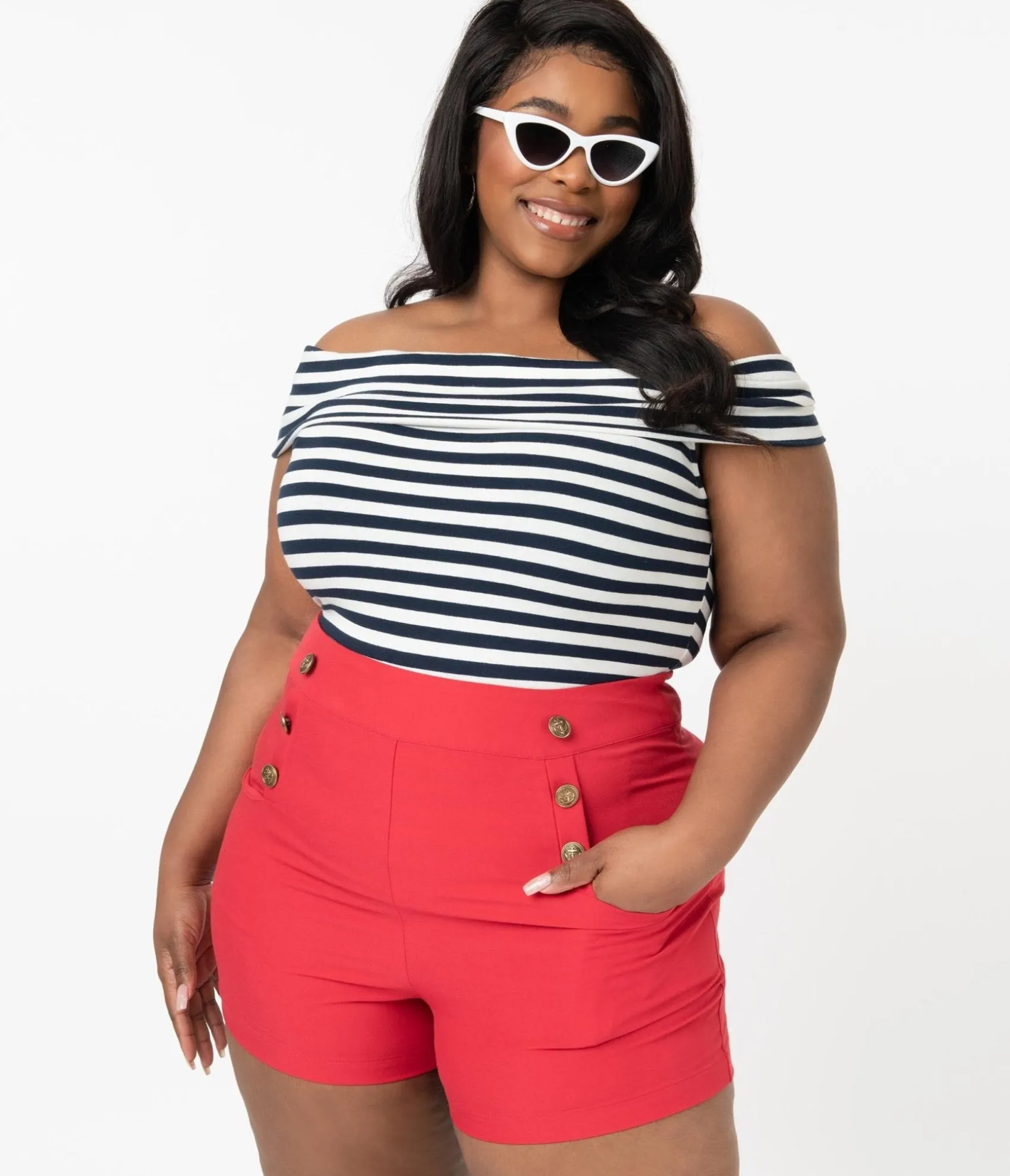 Unique Vintage Plus Size 1940s Style Red High Waist Sailor Debbie Shorts