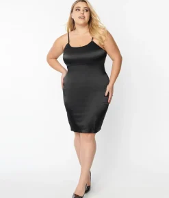 Unique Vintage Plus Size Black Satin Long Slip