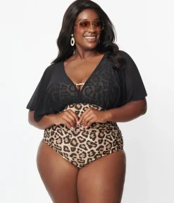 Unique Vintage Plus Size Leopard & Black Mesh Sleeved Torrey Swimsuit