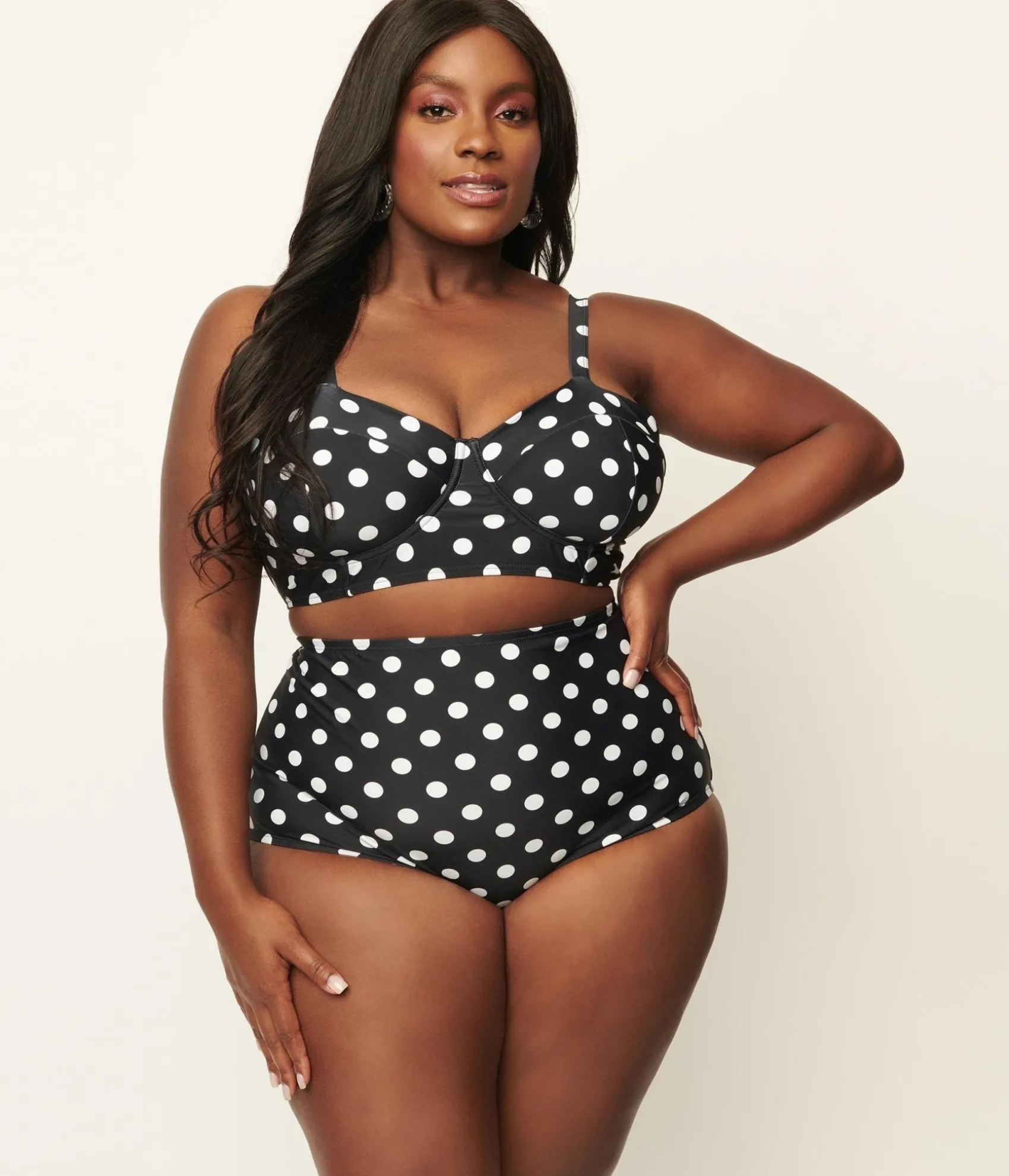 Unique Vintage Plus Size Black & White Polka Dot High Waist Louise Swim Bottoms