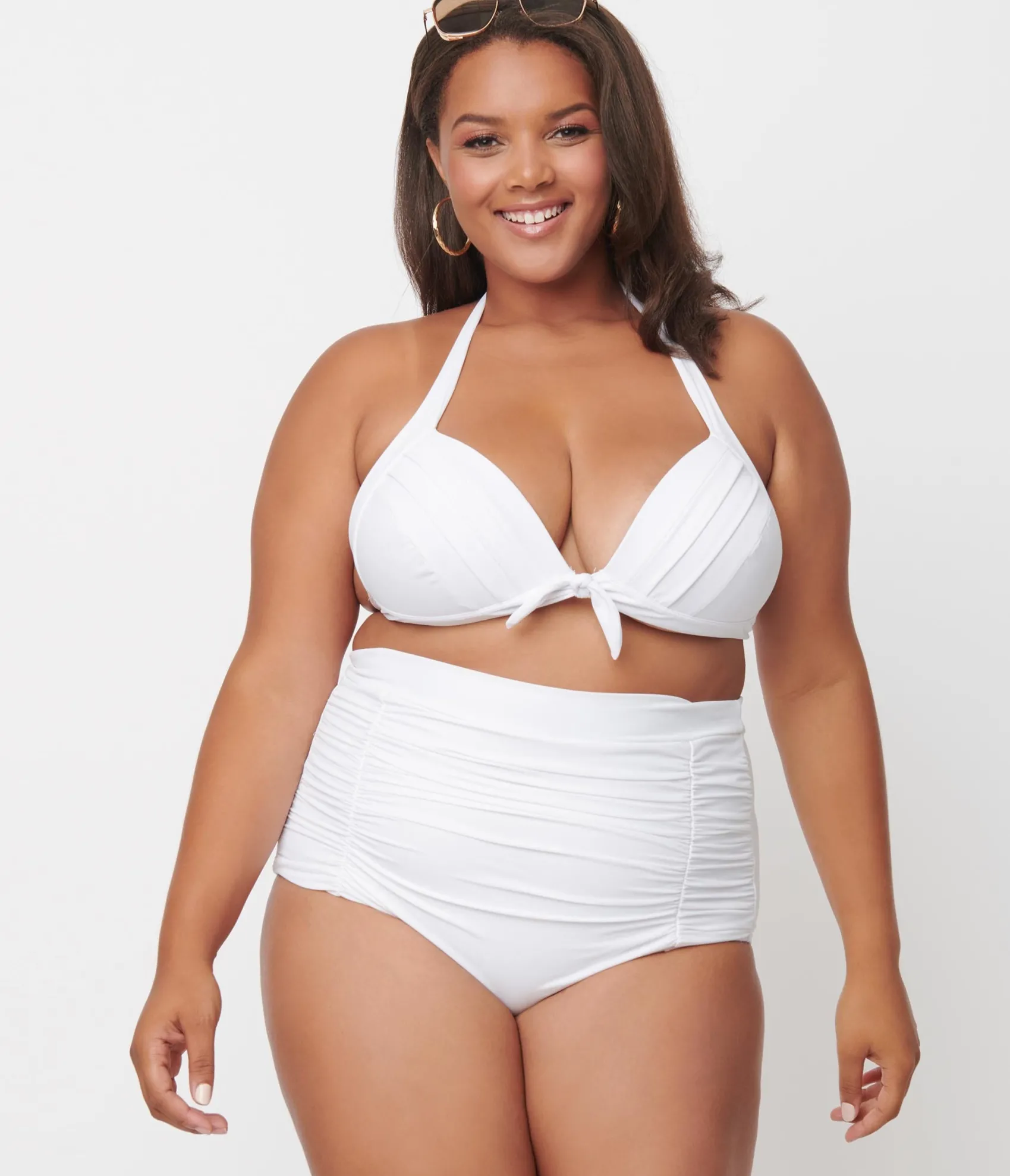 Unique Vintage Plus Size Solid White Monroe Halter Swim Top