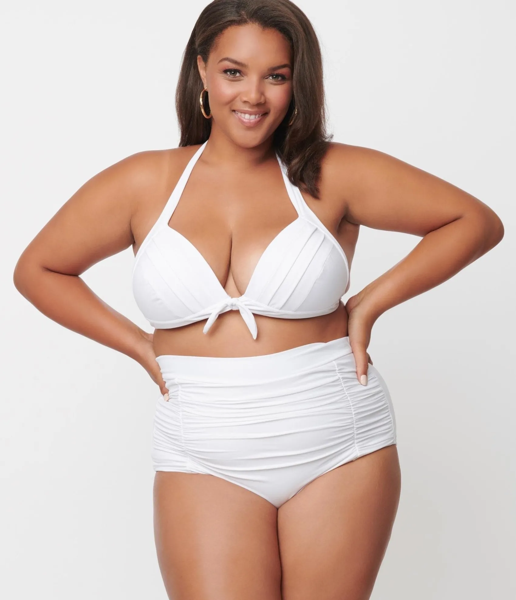 Unique Vintage Plus Size Solid White Monroe High Waist Swim Bottom