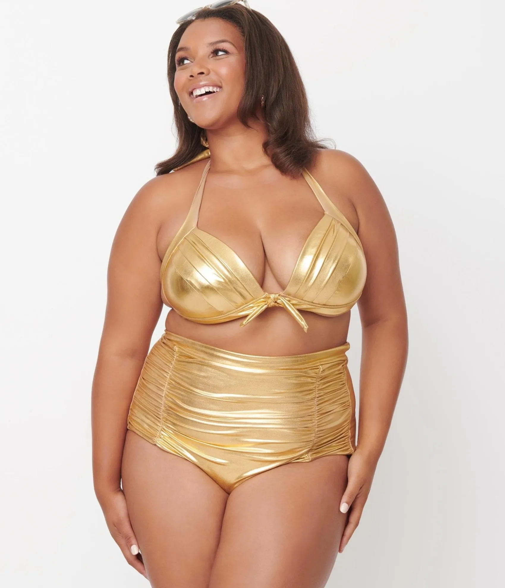 Unique Vintage Plus Size Gold Monroe High Waist Swim Bottom