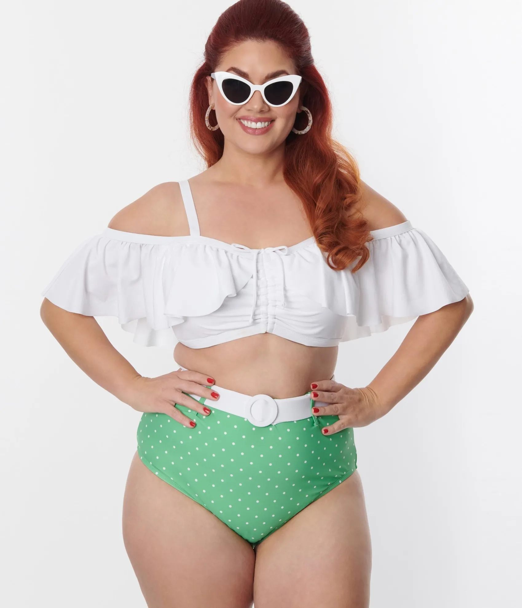 Unique Vintage Plus Size White Ruffle Swim Top