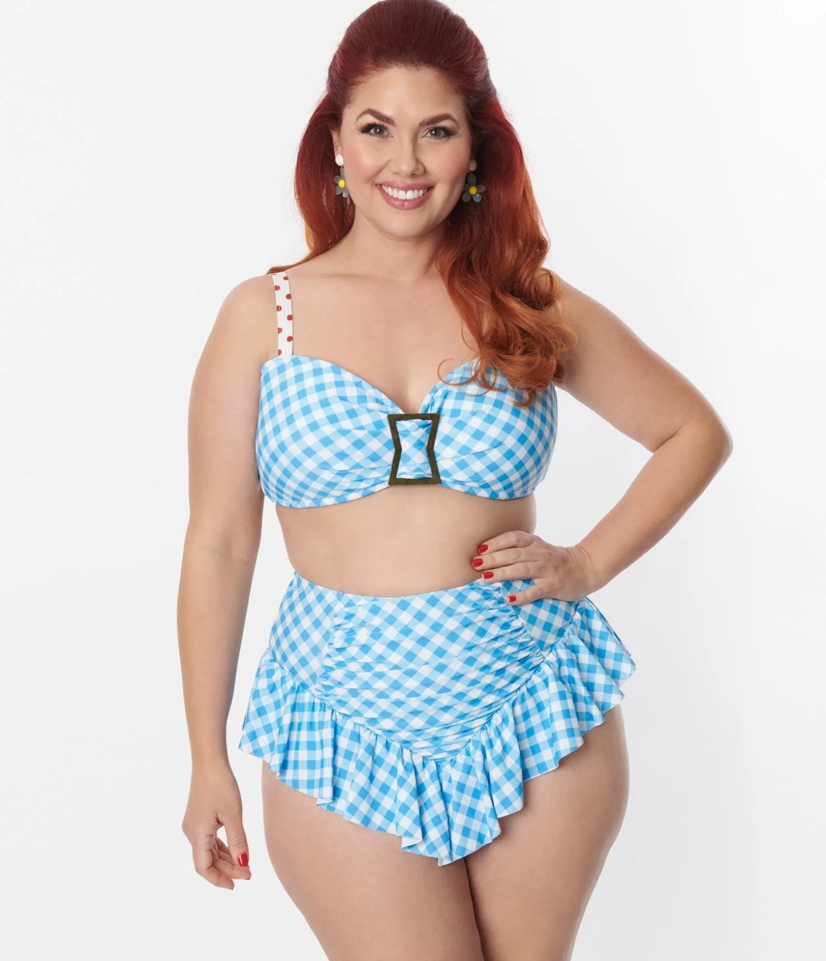 Unique Vintage Plus Size Blue Gingham Buckle Swim Top