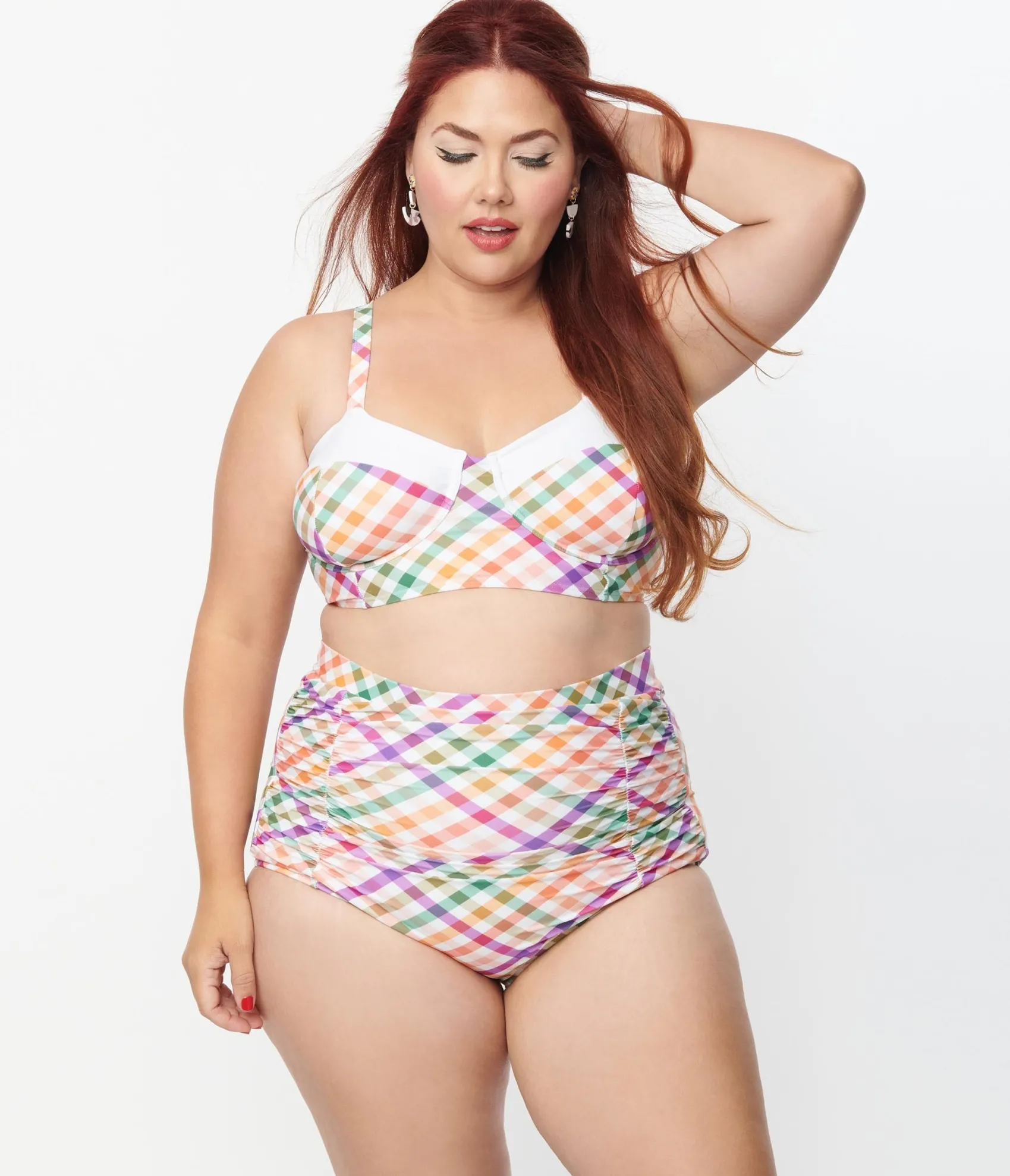 Unique Vintage Plus Size Pastel Madras Gingham Marlene Crop Swim Top