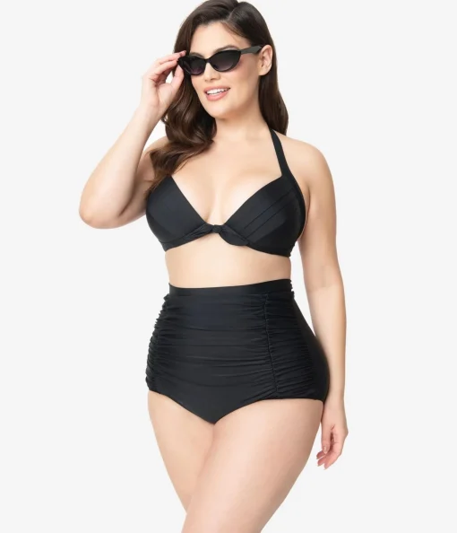 Unique Vintage Plus Size All Black Monroe High Waist Bikini Bottom