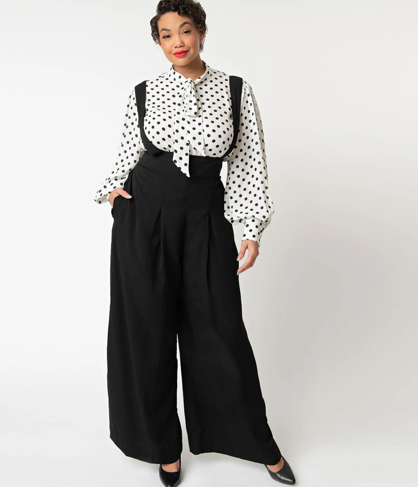 Unique Vintage Plus Size Black Wide Leg Rochelle Suspender Pants