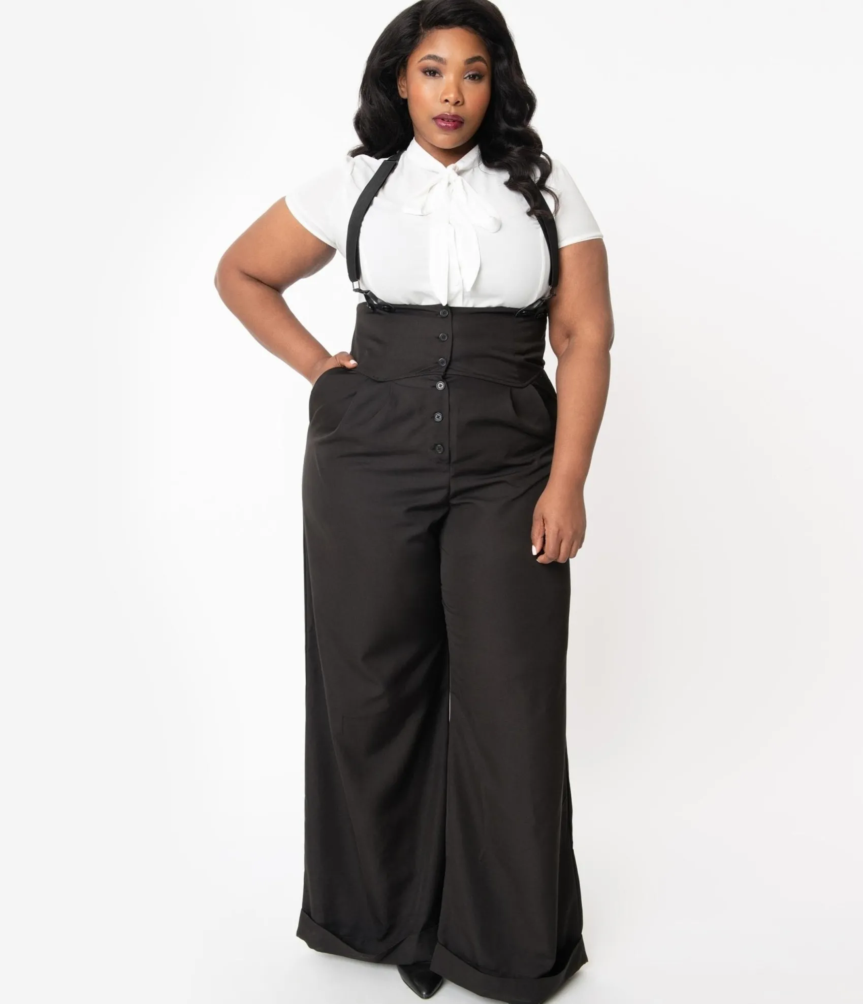 Unique Vintage Plus Size 1930s Black Thelma Suspender Pants