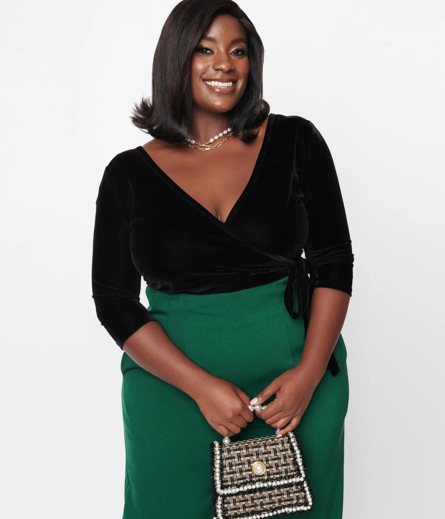 Unique Vintage Plus Size 1970s Black Velvet Surplice Bodysuit