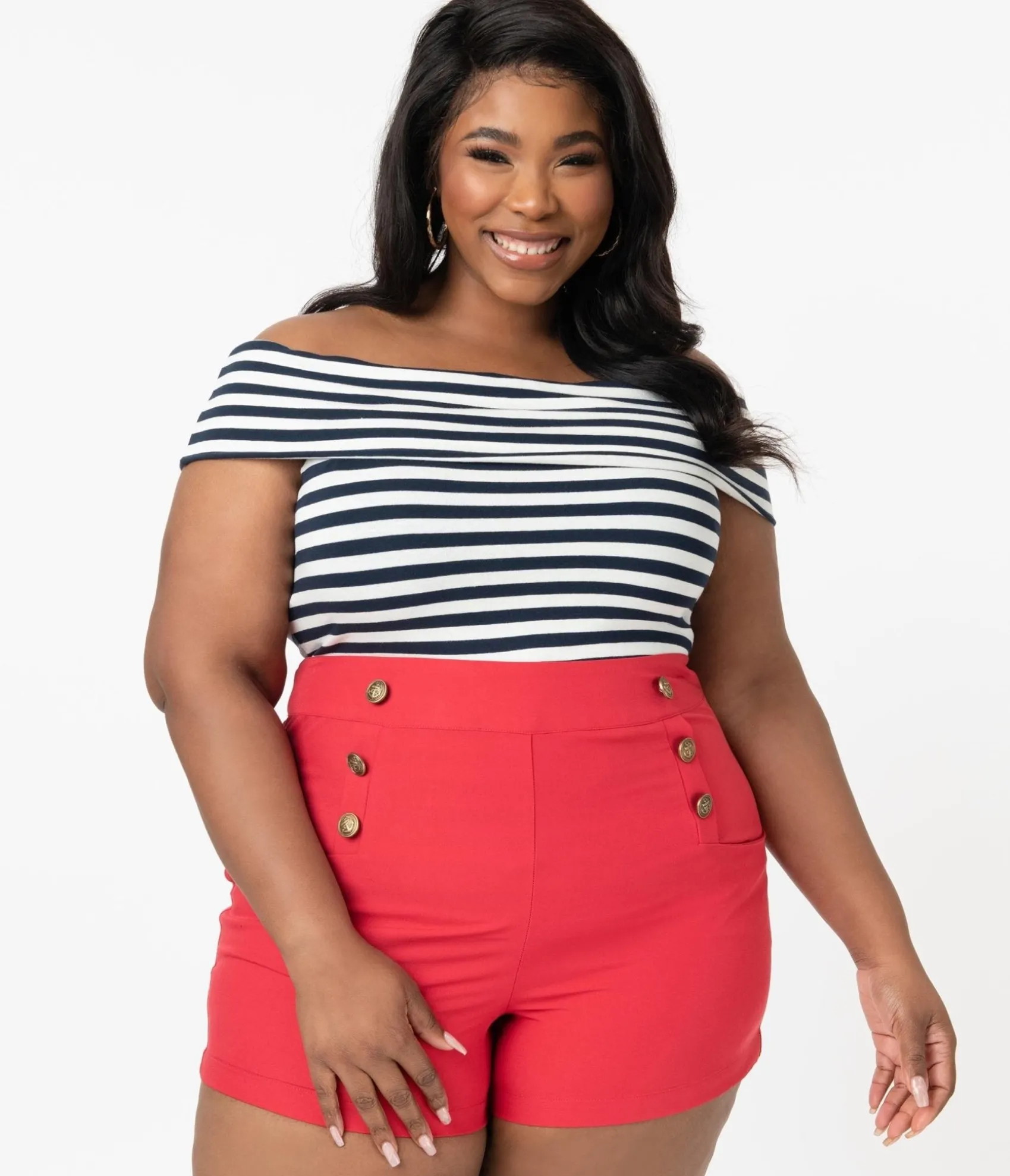 Unique Vintage Plus Size 1940s Style Red High Waist Sailor Debbie Shorts