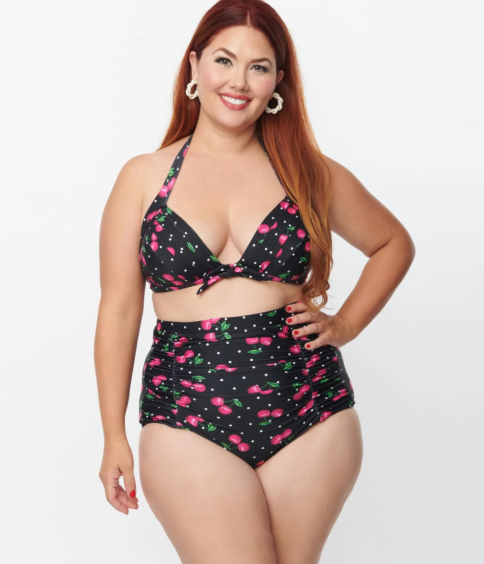Unique Vintage Plus Size 1950s Black & Hot Pink Cherry Pin Dot Monroe Swim Bottom