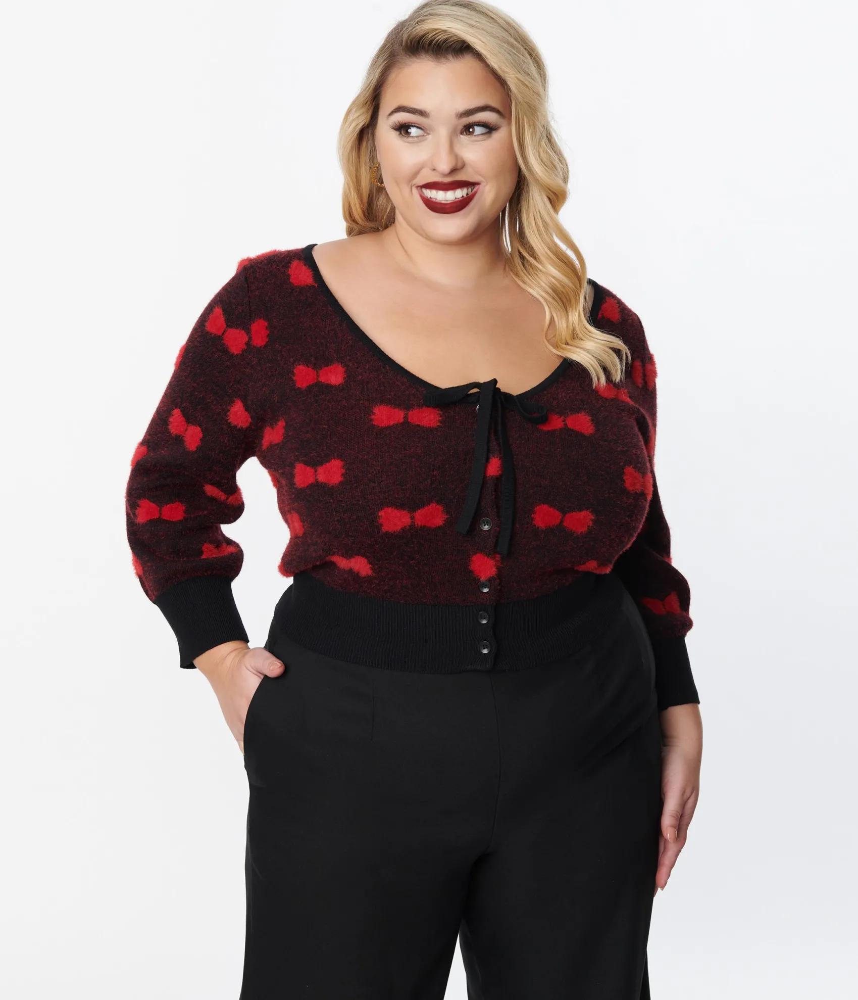 Unique Vintage Plus Size Black & Red Bows Dandy Cardigan