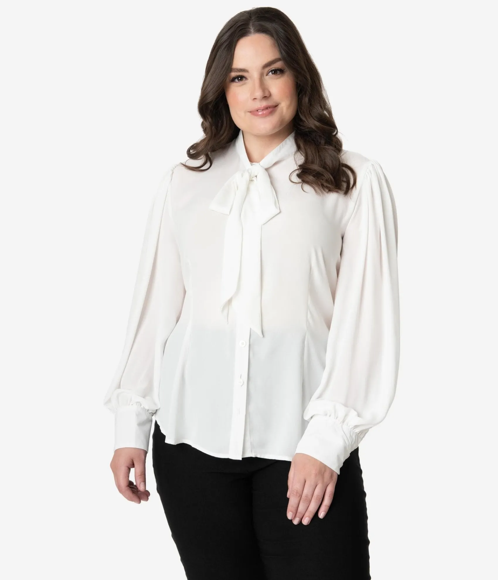 Unique Vintage Plus Size 1940s White Neck Tie Gwen Blouse