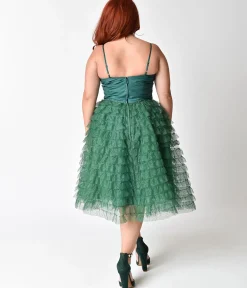 Unique Vintage Plus Size 1950s Emerald Green Ruffled Tulle Sweetheart Cupcake Swing Dress