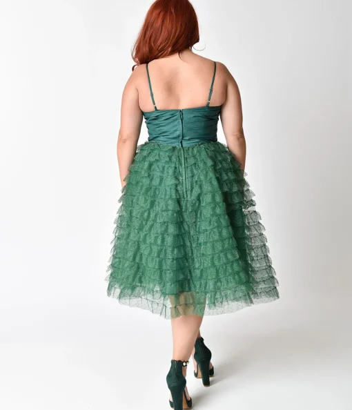 Unique Vintage Plus Size 1950s Emerald Green Ruffled Tulle Sweetheart Cupcake Swing Dress