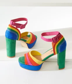 Unique Vintage Rainbow Suede Peep Toe Pumps