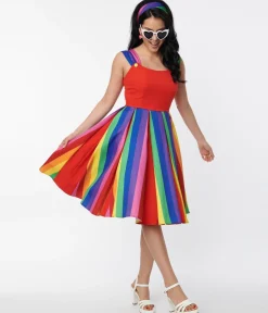 Unique Vintage Red & Rainbow Stripe Swing Dress