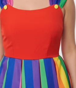 Unique Vintage Red & Rainbow Stripe Swing Dress